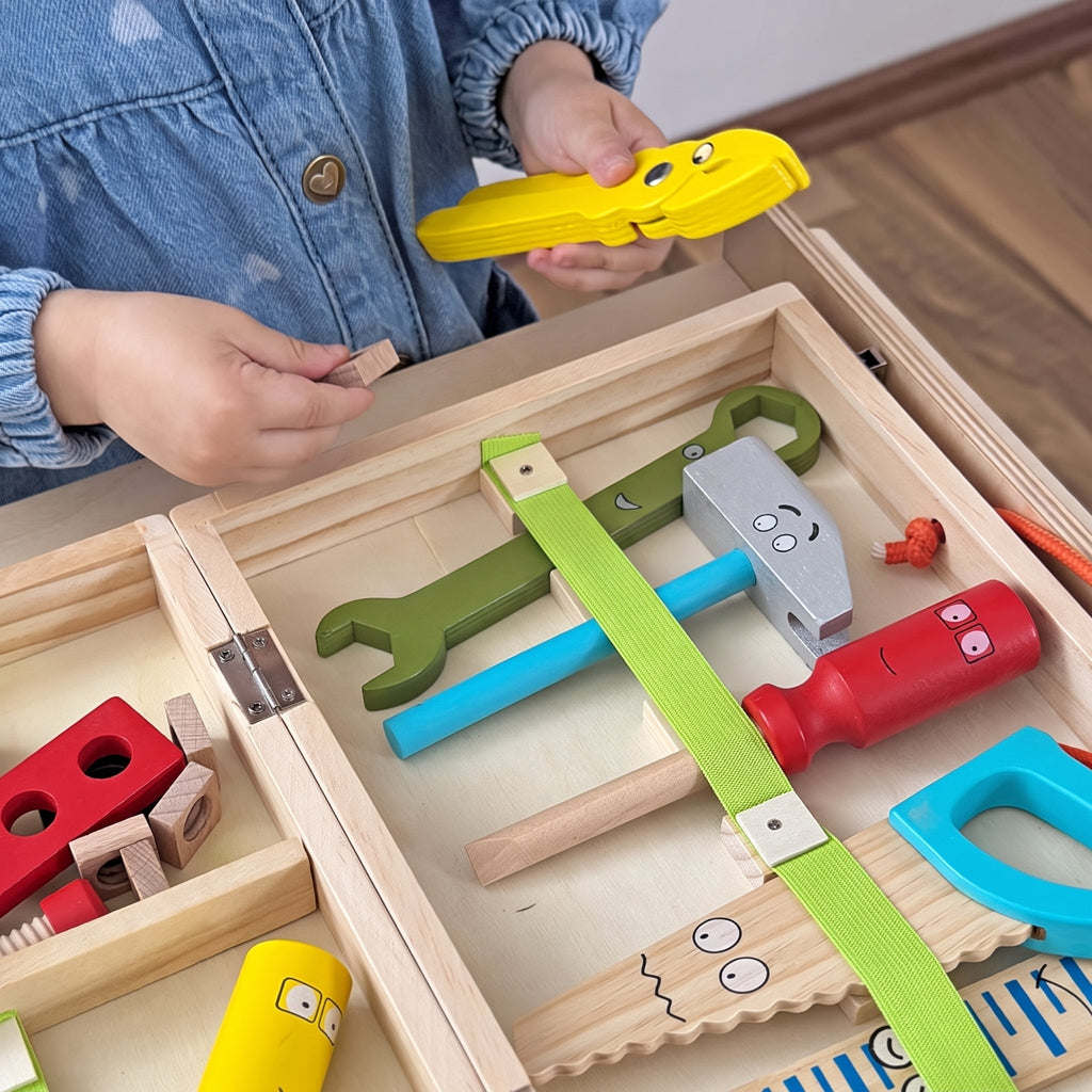 Wooden Toolbox Toy with 35 Colorful Tool and Building Pieces