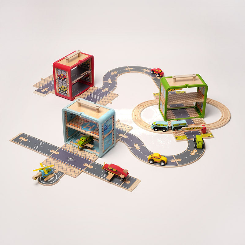 Wooden Track Builder with 3 Garages and Vehicles