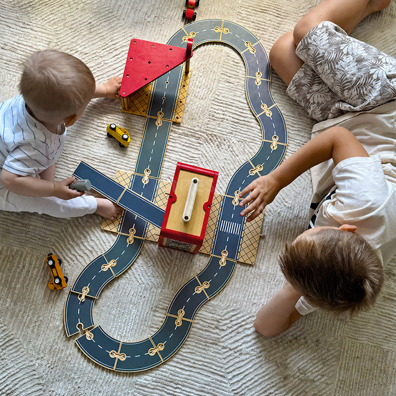 Wooden Track Builder with 3 Garages and Vehicles