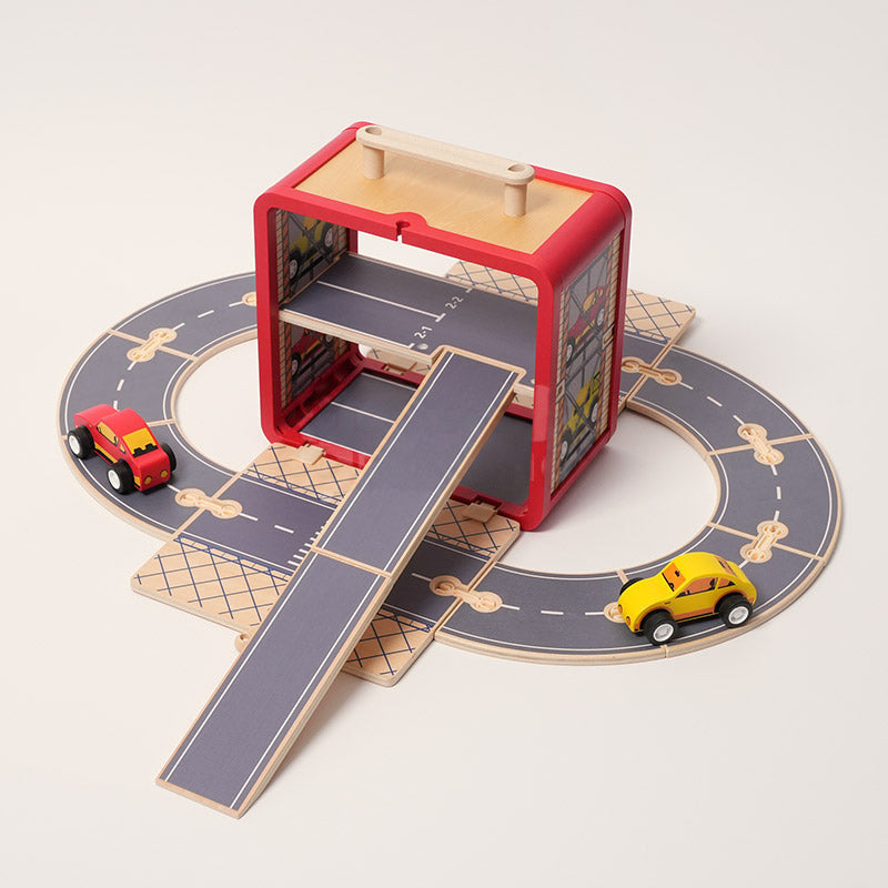 Wooden Track Builder with 3 Garages and Vehicles