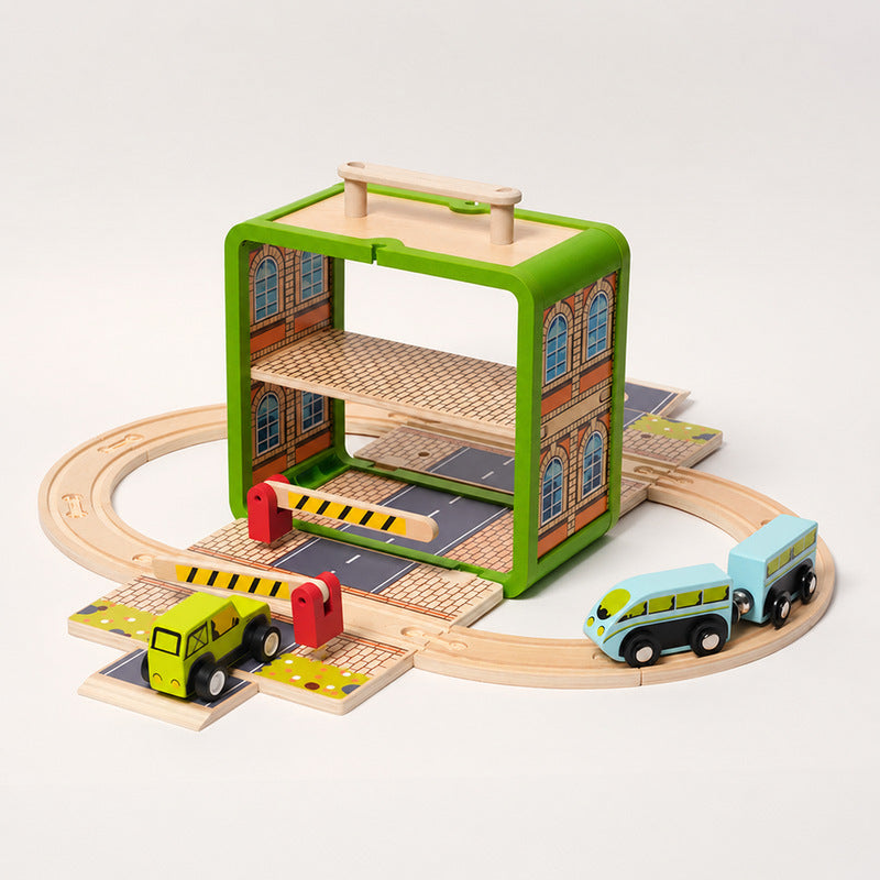 Wooden Track Builder with 3 Garages and Vehicles