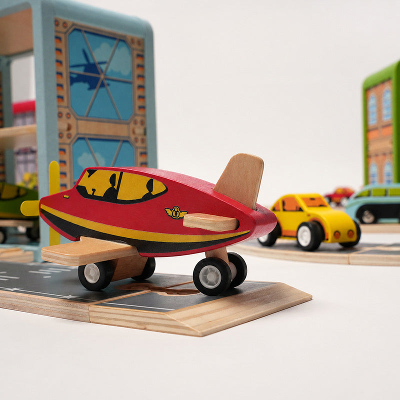 Wooden Track Builder with 3 Garages and Vehicles