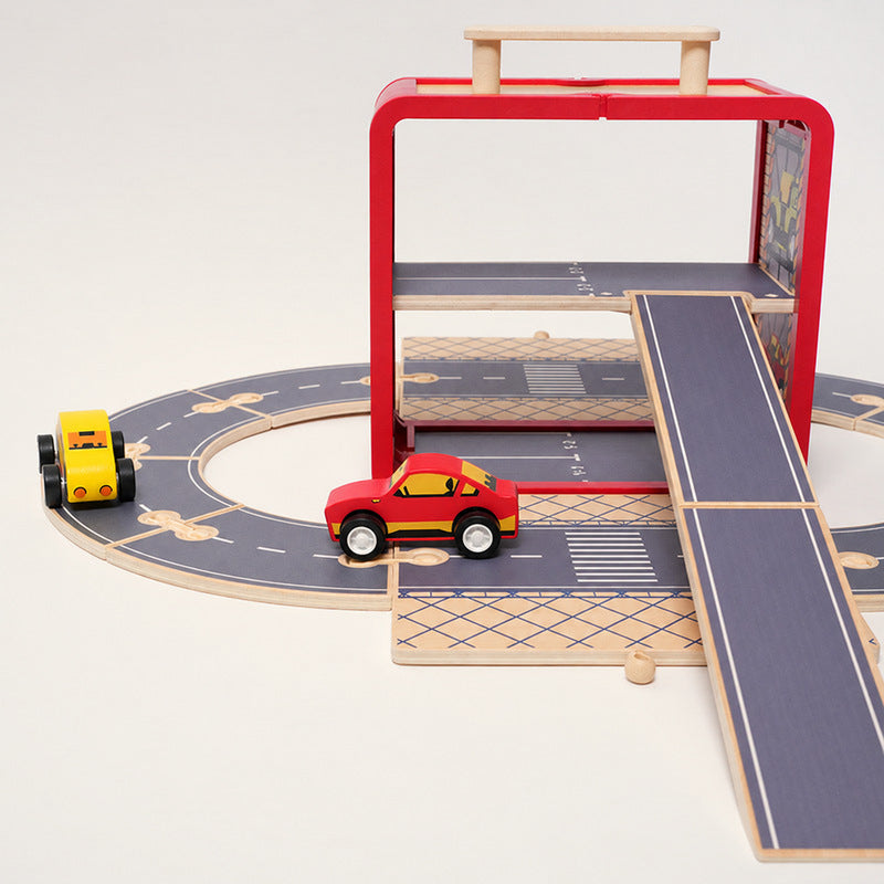 Wooden Track Builder with 3 Garages and Vehicles