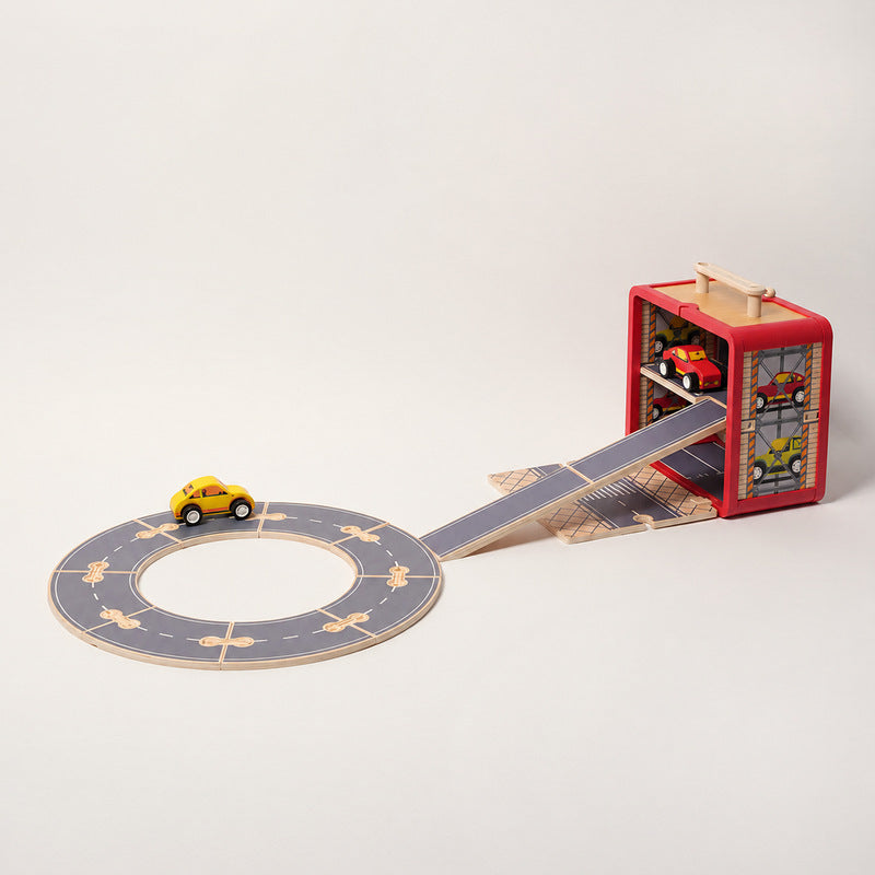 Wooden Track Builder with 3 Garages and Vehicles