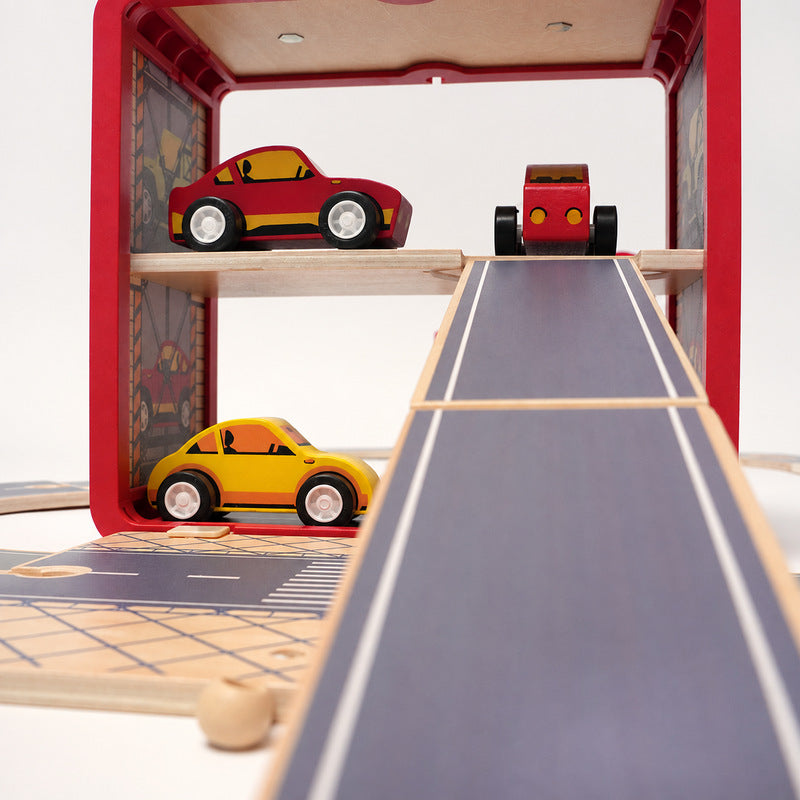Wooden Track Builder with 3 Garages and Vehicles