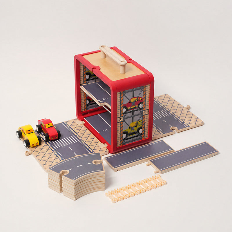 Wooden Track Builder with 3 Garages and Vehicles