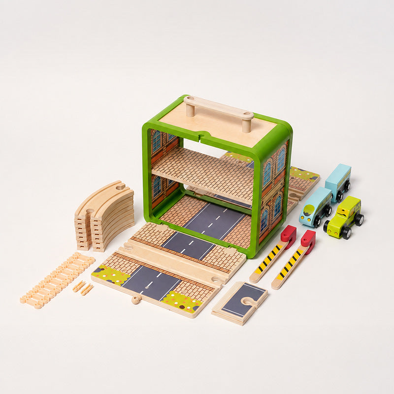 Wooden Track Builder with 3 Garages and Vehicles
