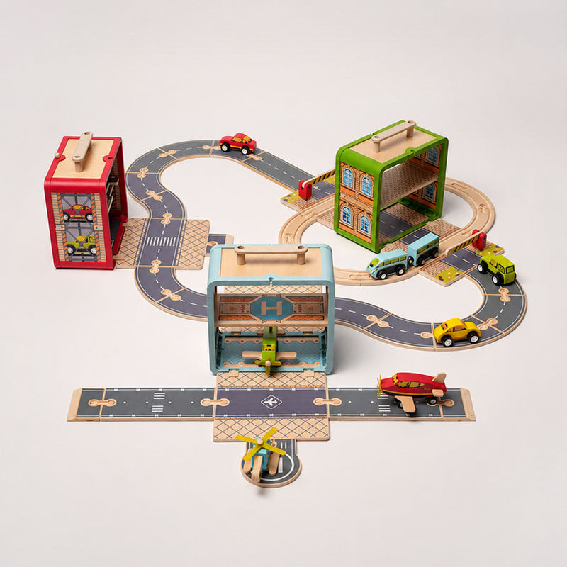 Wooden Track Builder with 3 Garages and Vehicles