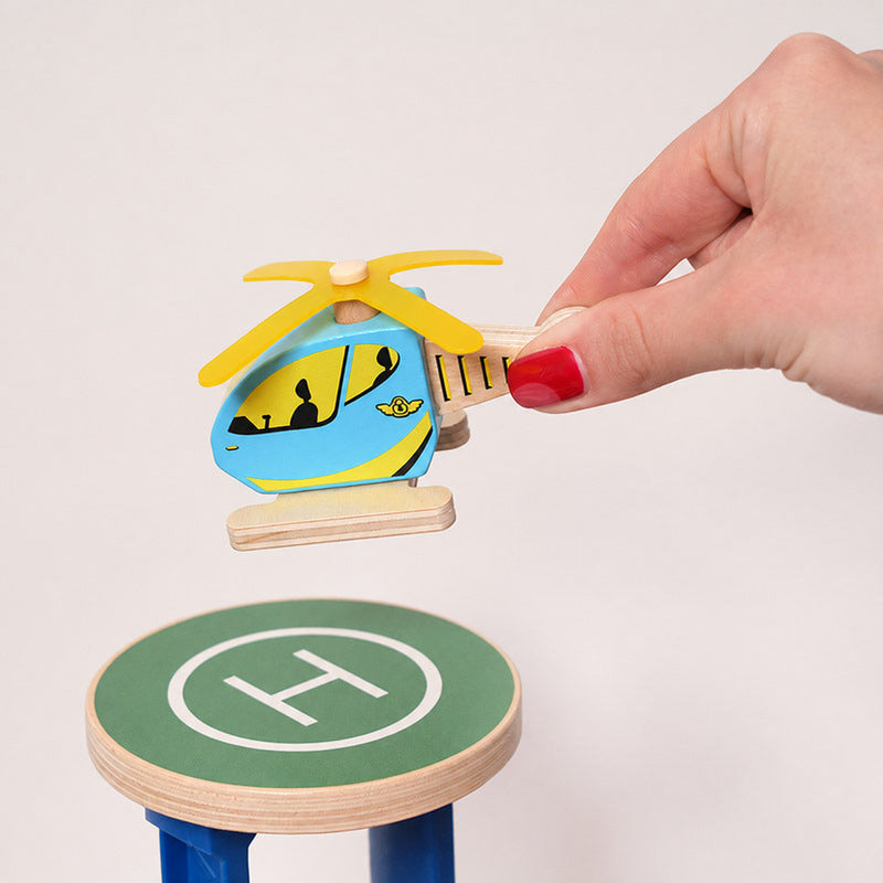 Wooden Train Set with Magnetic Crane and Elevated Tracks