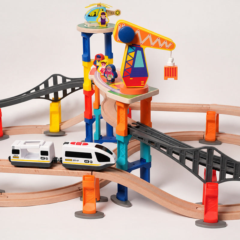 Wooden Train Set with Magnetic Crane and Elevated Tracks