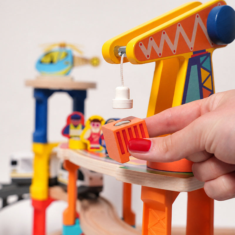 Wooden Train Set with Magnetic Crane and Elevated Tracks