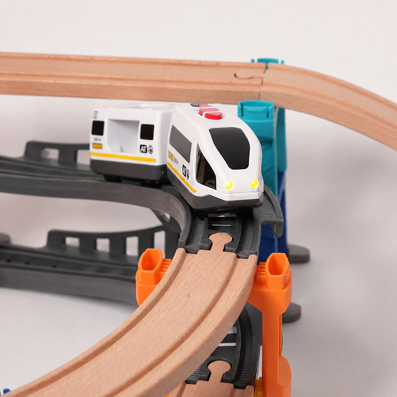 Wooden Train Set with Magnetic Crane and Elevated Tracks