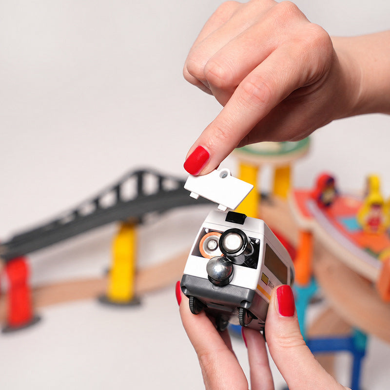 Wooden Train Set with Magnetic Crane and Elevated Tracks