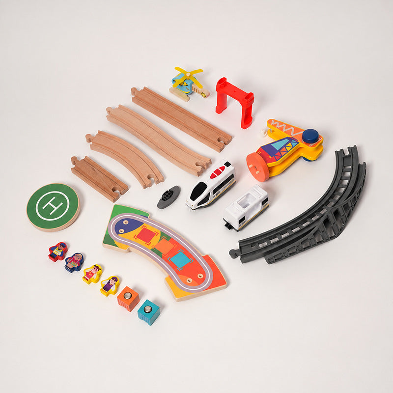 Wooden Train Set with Magnetic Crane and Elevated Tracks