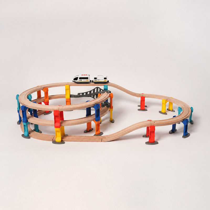 Wooden Train Set with Magnetic Crane and Elevated Tracks